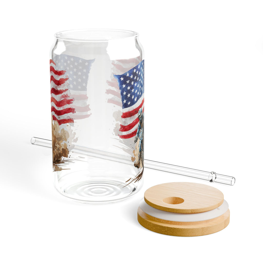 Patriotic Motorbike Sipper Glass - 16oz Americana Flag Straw Tumbler