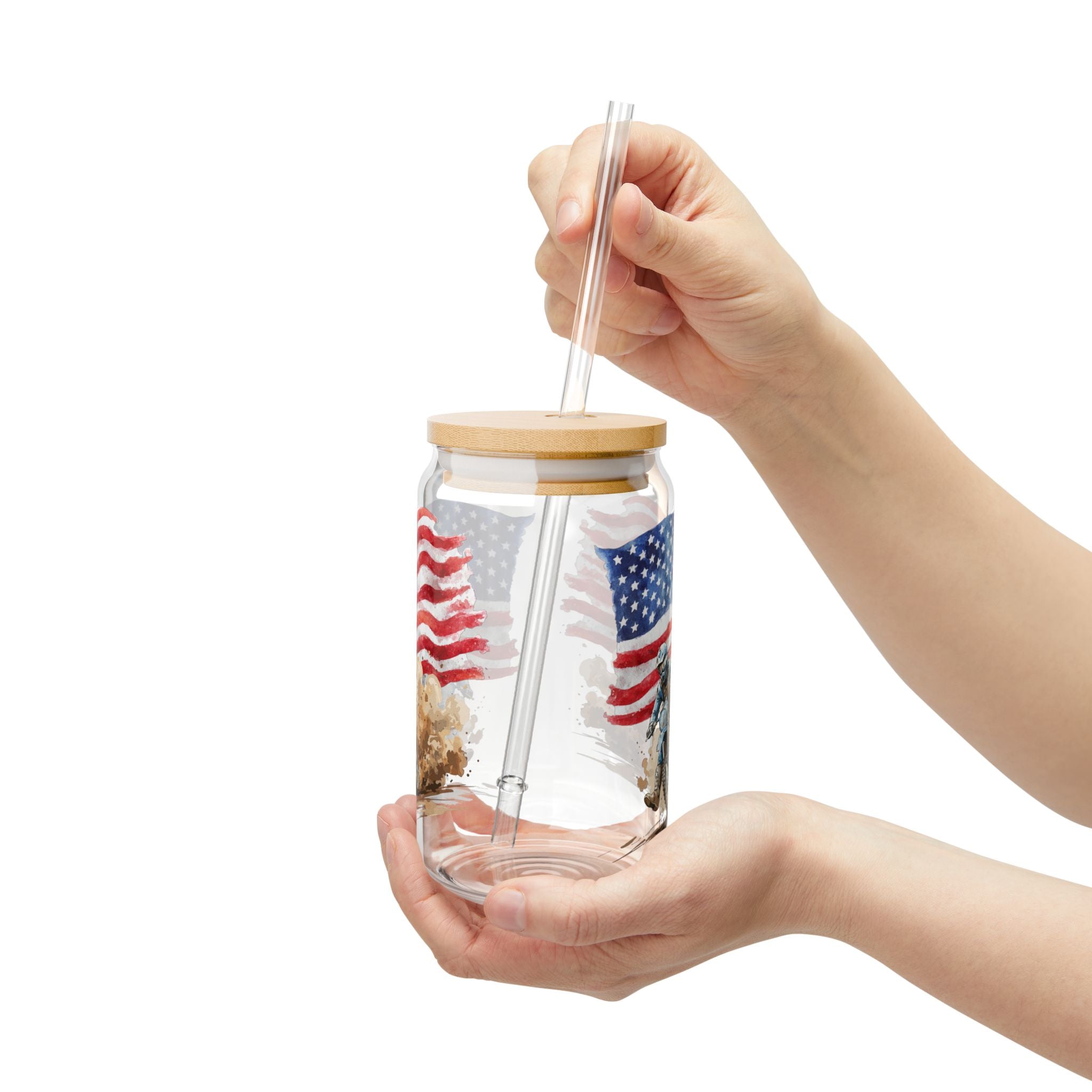 Patriotic Motorbike Sipper Glass - 16oz Americana Flag Straw Tumbler