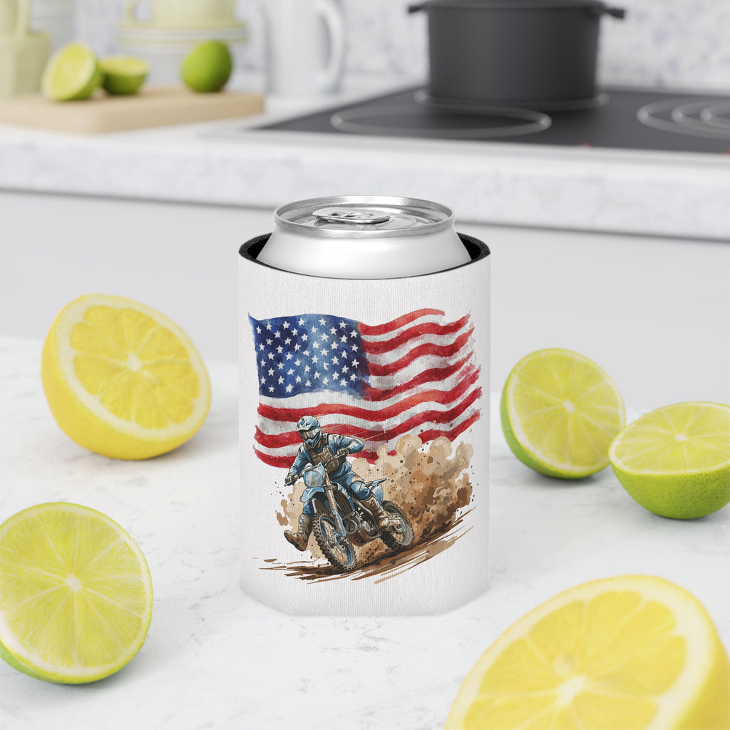 Can Cooler - American Dirt Bike Koozie (Patriotic Motorcycle Flag Design)