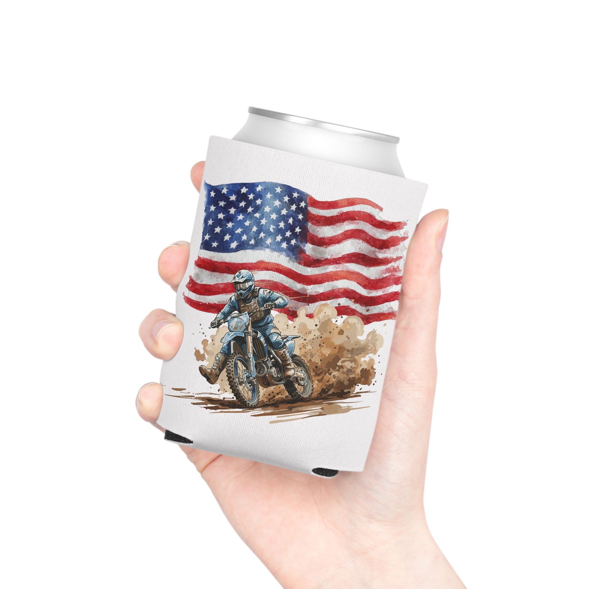 Can Cooler - American Dirt Bike Koozie (Patriotic Motorcycle Flag Design)