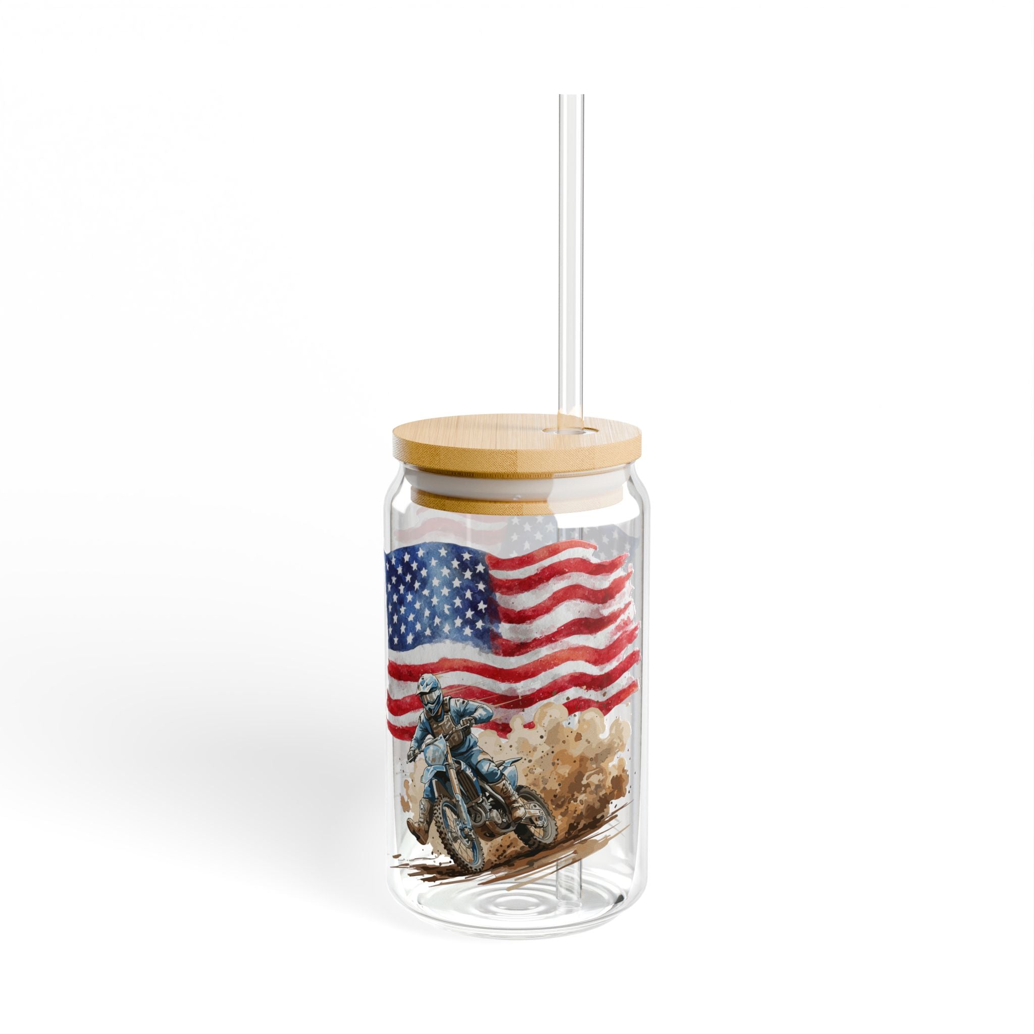 Patriotic Motorbike Sipper Glass - 16oz Americana Flag Straw Tumbler