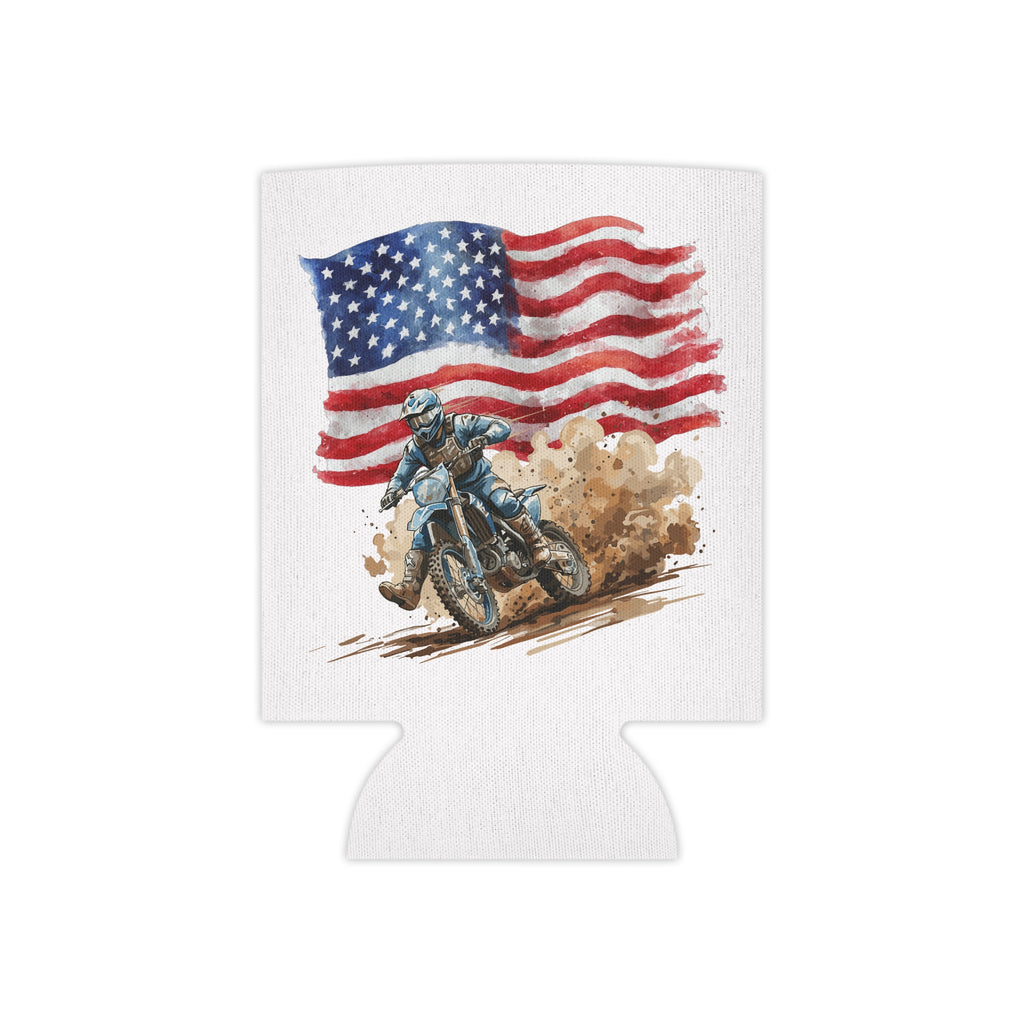 Can Cooler - American Dirt Bike Koozie (Patriotic Motorcycle Flag Design)