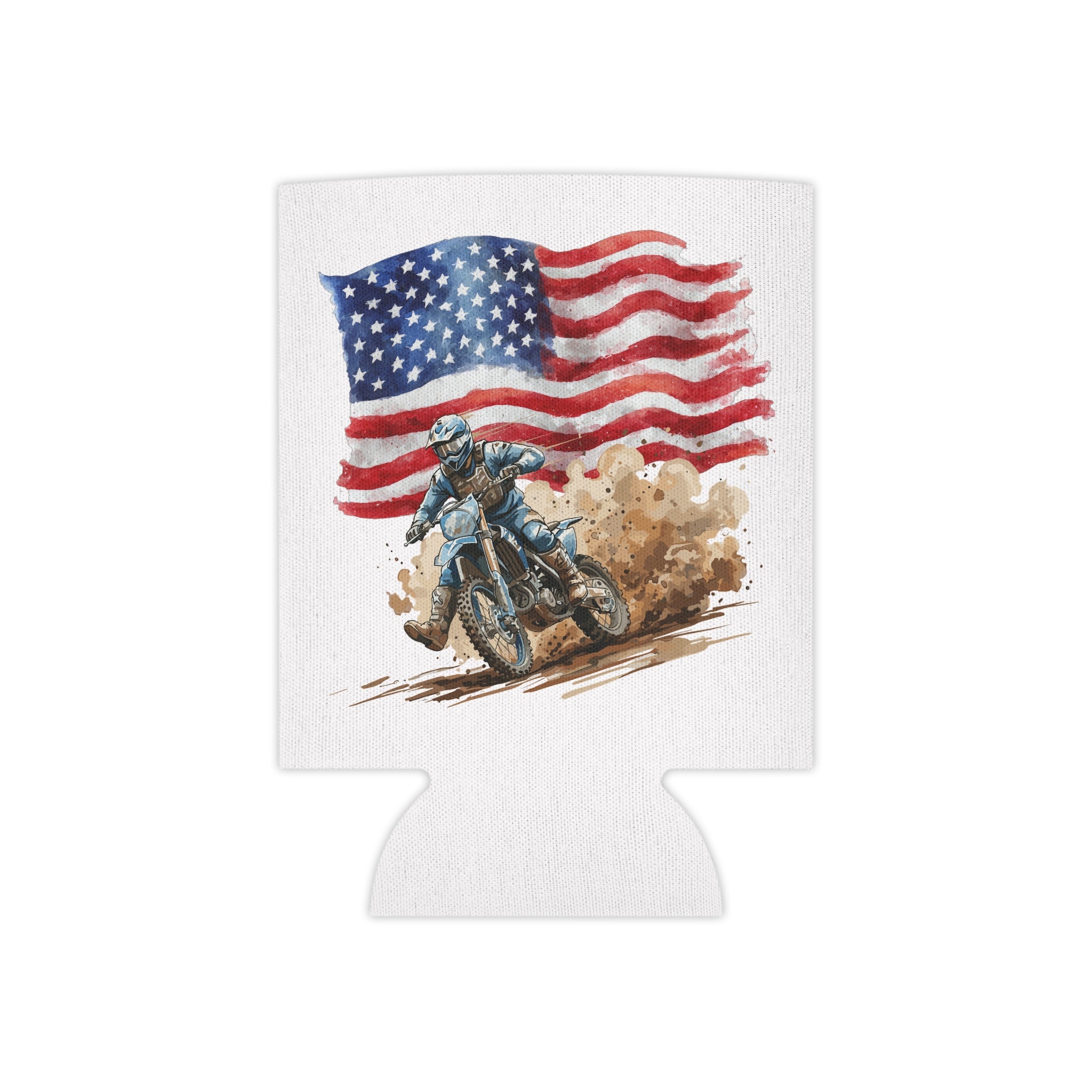 Can Cooler - American Dirt Bike Koozie (Patriotic Motorcycle Flag Design)