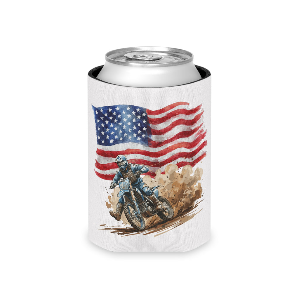 Can Cooler - American Dirt Bike Koozie (Patriotic Motorcycle Flag Design)